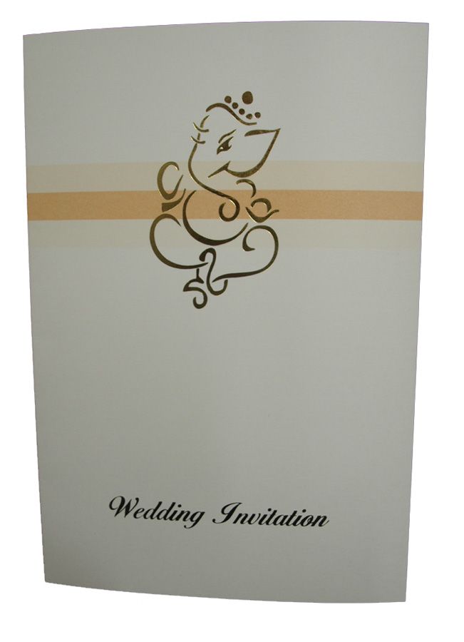 An off-white Gold Ganesh Hindu Wedding Invitation Design ABC 353