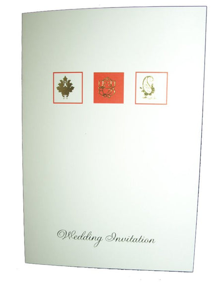 Simple white wedding invitation with gold foiled Ganesh 