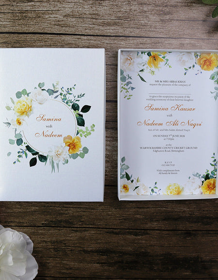 Yellow and white Floral design box wedding invitation card