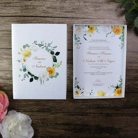 Yellow and white Floral design box wedding invitation card