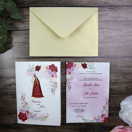 fancy Indian wedding invitations which is customized Indian wedding invitation cards in red with roses and couple image