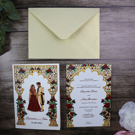 Red and gold mughal style Pakistani wedding invitation shadi card in A5 size
