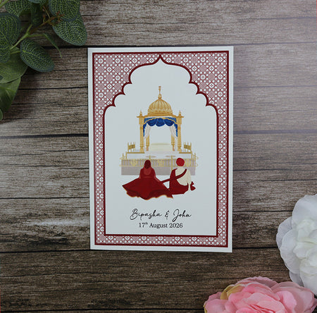 Sikh Marriage couple Anand Karaj for Sikh wedding card invitation in deep red