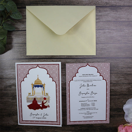 Desi design with Indian Sikh Arch in red with Sikh Couple Anand Karaj Invitation Card