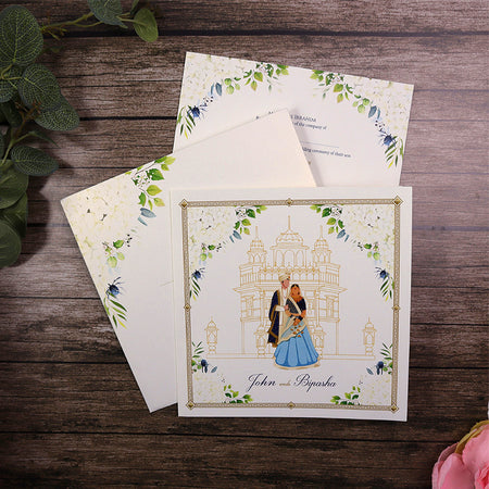 Indian Sikh Punjabi pocket wedding invitation with Indian bride and groom