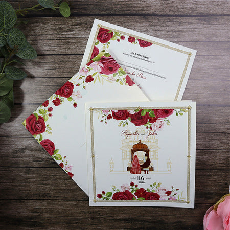Detailed Floral Design Large Square Asian Wedding Invitation with matching envelope CLS 146