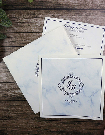 Detailed Blue Marble Design Large Square Asian Wedding Invitation with matching envelope CLS 147