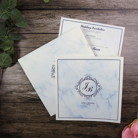 Detailed Blue Marble Design Large Square Asian Wedding Invitation with matching envelope CLS 147