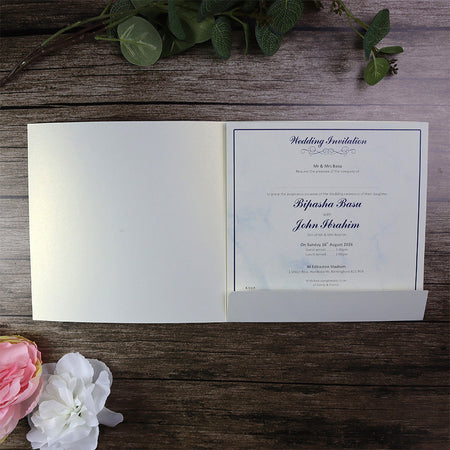 Detailed Blue Marble Design Large Square Asian Wedding Invitation with matching envelope CLS 147