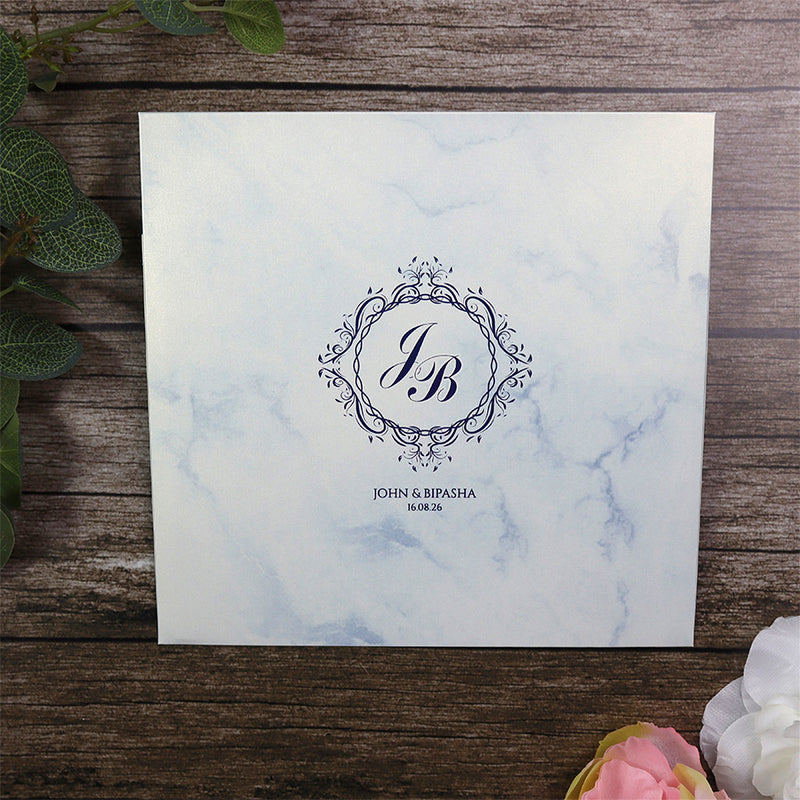 Detailed Blue Marble Design Large Square Asian Wedding Invitation with matching envelope CLS 147
