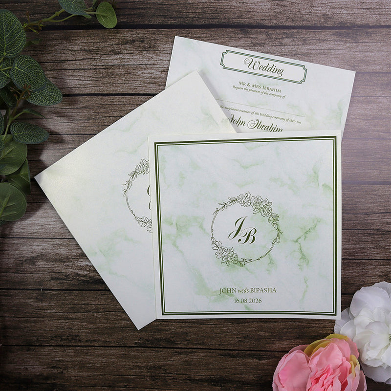 Detailed Green Marble Design Large Square Asian Wedding Invitation with matching envelope CLS 148