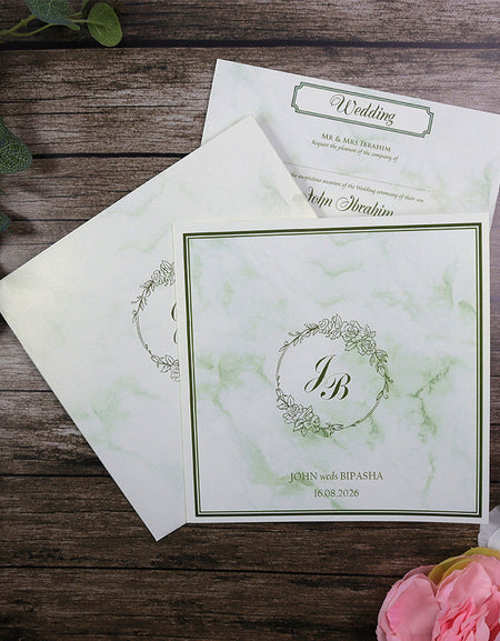 Detailed Green Marble Design Large Square Asian Wedding Invitation with matching envelope CLS 148
