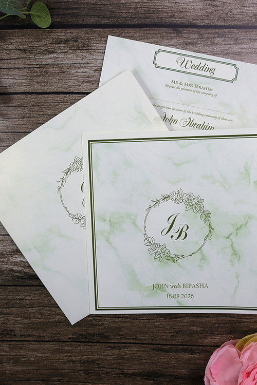 Load image into Gallery viewer, Detailed Green Marble Design Large Square Asian Wedding Invitation with matching envelope CLS 148
