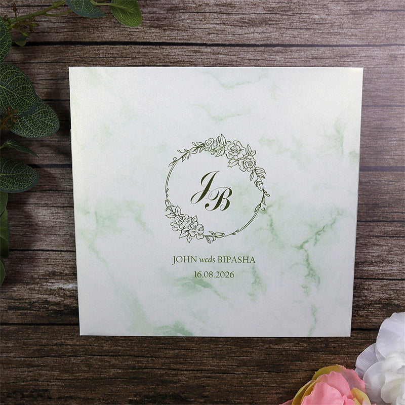 Detailed Green Marble Design Large Square Asian Wedding Invitation with matching envelope CLS 148