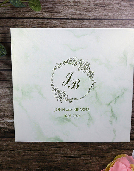 Detailed Green Marble Design Large Square Asian Wedding Invitation with matching envelope CLS 148
