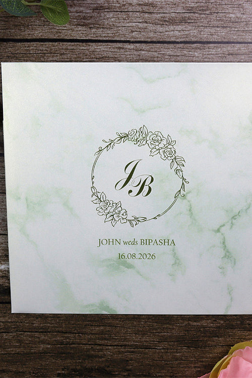 Load image into Gallery viewer, Detailed Green Marble Design Large Square Asian Wedding Invitation with matching envelope CLS 148
