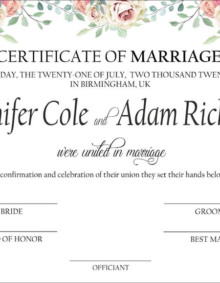 Personalised marriage certificate online with peach flowers design 