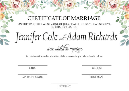 Personalised marriage certificate online with peach flowers design 