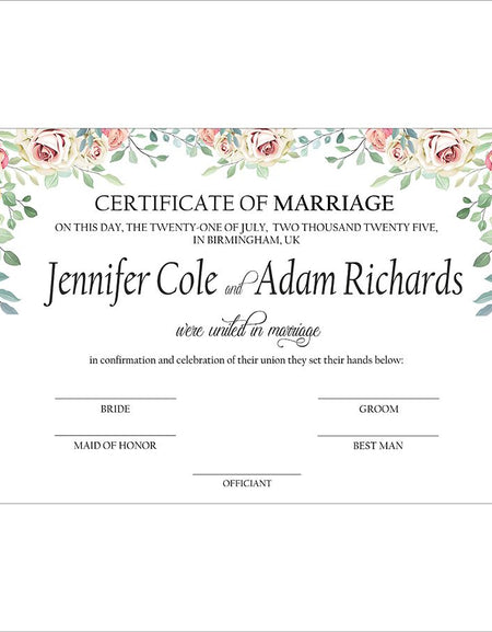 Novelty marriage license with floral design A3 size for English Weddings