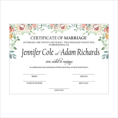 Novelty marriage license with floral design A3 size for English Weddings