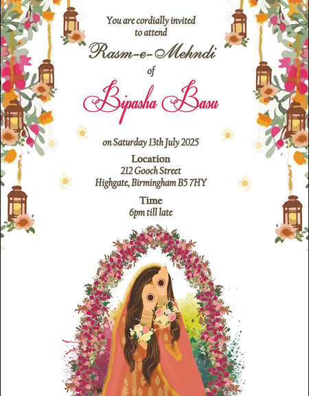 Shy Mehndi Bride colourful Mehndi Invitation card