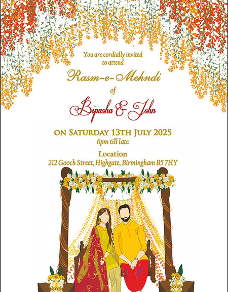 Colouful mehndi dholki invitation card in yellow orange and green with bride groom on jhoola