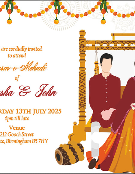 Mehndi Invitation with Couple on Jhoola. Floral Garland border in Orange & yellow