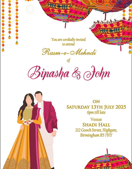 Girl in Bridal Lehnga, Groom in Sherwani Mehndi Invitation Card with colorful umbrellas