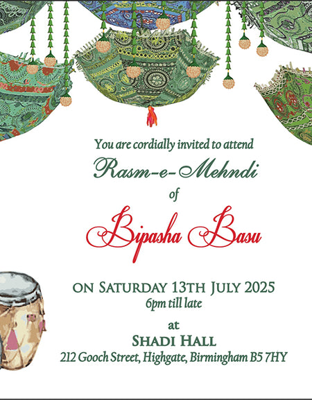 green Indian umbrellas & dhol image in left corner mehndi Invitation card