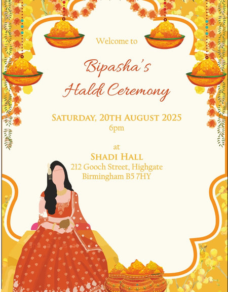 Haldi invitation in yellow and orange with Pakistani Muslim Bride image in left corner