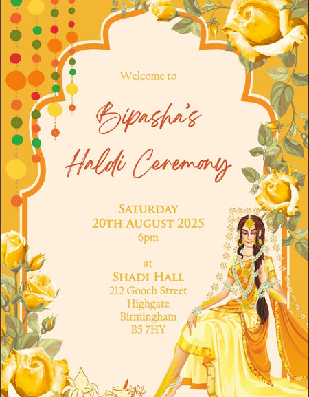 Orange coloured Haldi Invitation with Indian Pakistani Bride in right corner