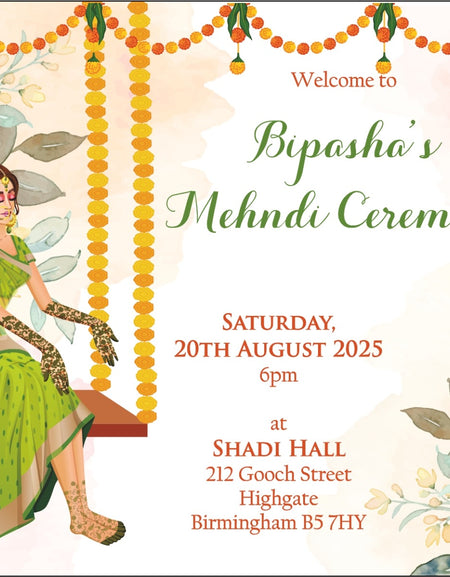 Mehndi Invitation Card in Yellow & orange with Bride in Green Mehndi Hands, a6 sized mehndi card design
