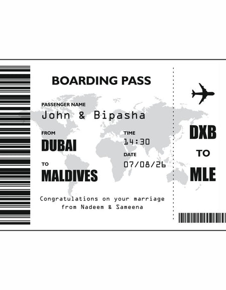 A1 sized Novelty Boarding Pass for newly married couple presented by a loved one who has gifted them these holiday travel tickets for their honeymoon