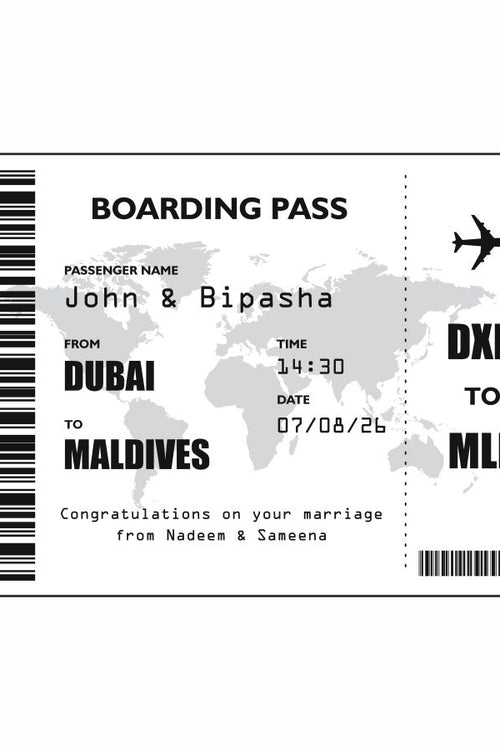 Load image into Gallery viewer, A1 sized Novelty Boarding Pass for newly married couple presented by a loved one who has gifted them these holiday travel tickets for their honeymoon
