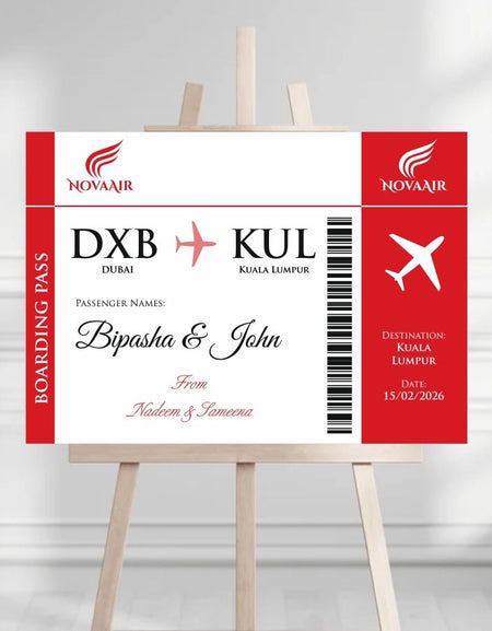 Novelty Boarding Pass to wedding gift at weddings for holiday travel. This board is in red and white