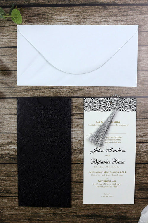 Load image into Gallery viewer, RWB Black Card Damask Pocket Invitation with Silver Tassel
