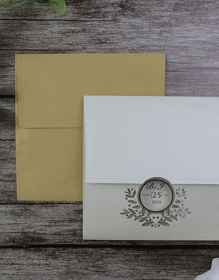 wedding invitation printing card in gold shimmer with foiling square card with envelope