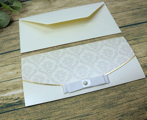 Load image into Gallery viewer, Simple Shimmer cream invitation with gold foil and bow SC 5487
