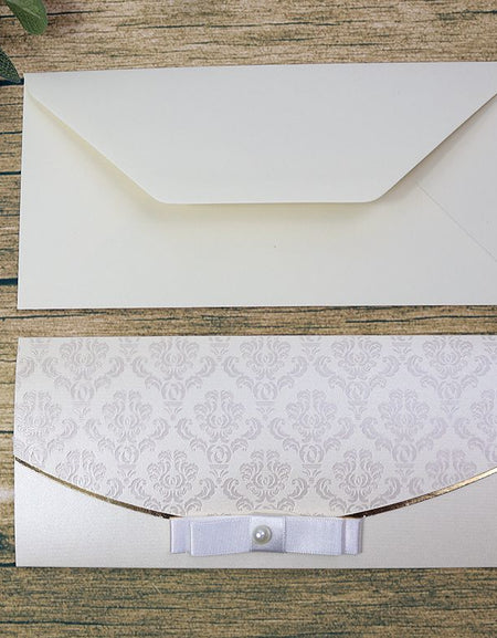 Simple Shimmer cream invitation with gold foil and bow SC 5487