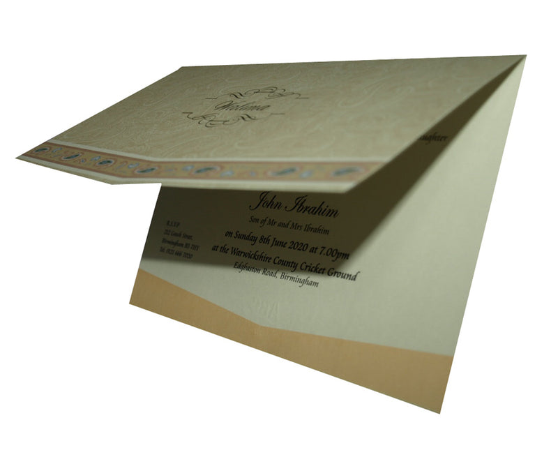 Muslim Wedding Invitation Card with Walima letterpress foiled on front in gold foil