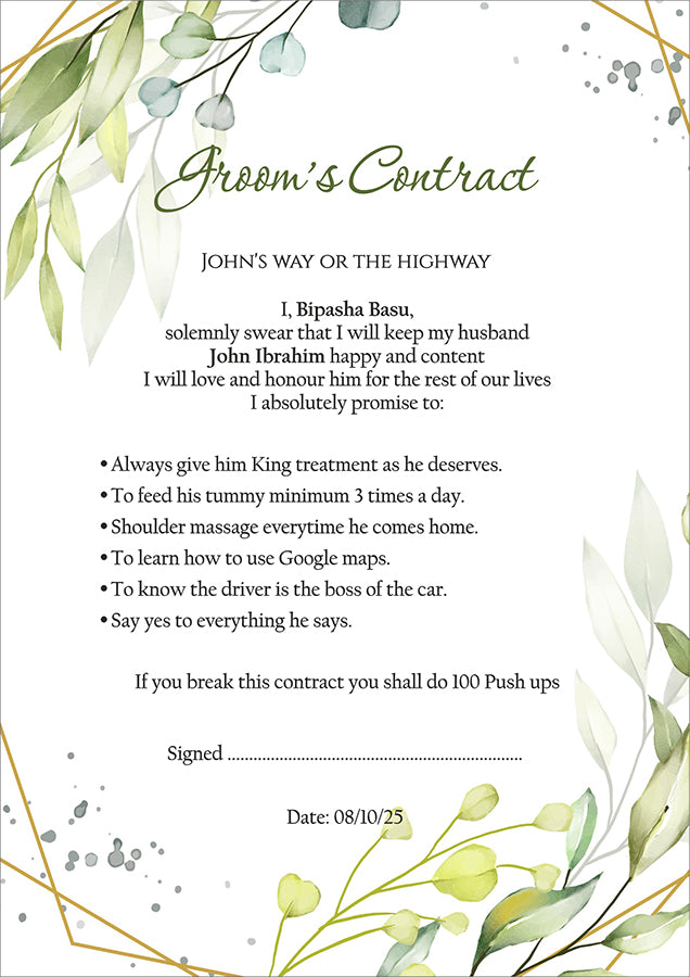 1063 - A1 Groom’s Contract Poster for Wedding