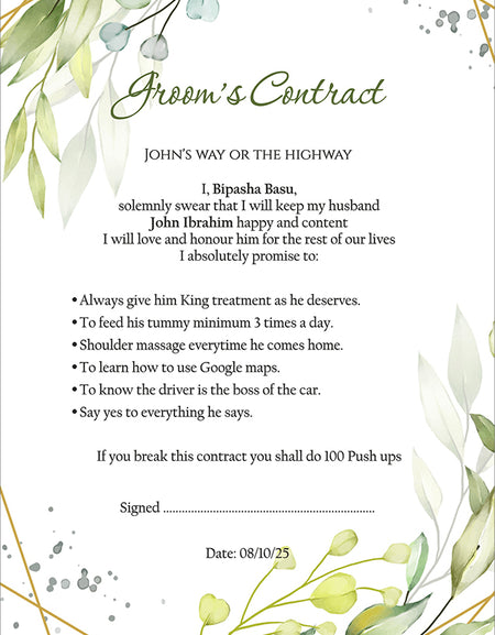 1063 - A1 Amusing & funny Groom’s Contract Poster for Wedding Bride