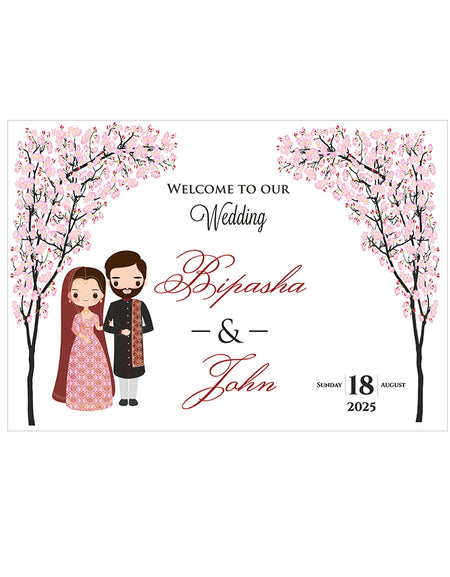 1065 – Indian Pakistani Couple Caricature A1 Mounted Wedding Welcome Sign