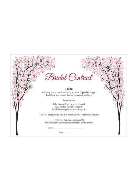 Front side of the Funny Bridal contract for the groom to sign and agree to the humorous bridal terms for marriage