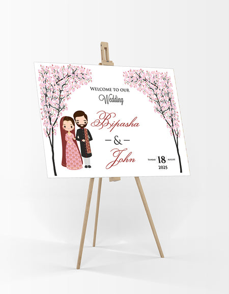 1065 – Indian Pakistani Couple Caricature A1 Mounted Wedding Welcome Sign