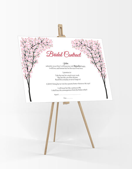 Pink Cherry blossom floral design Funny Bridal Contract for wedding banter