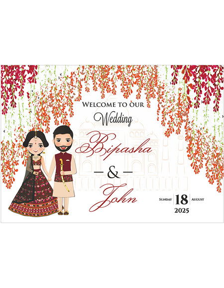 1072 – Desi Couple Caricature Floral A1 Mounted Welcome Poster