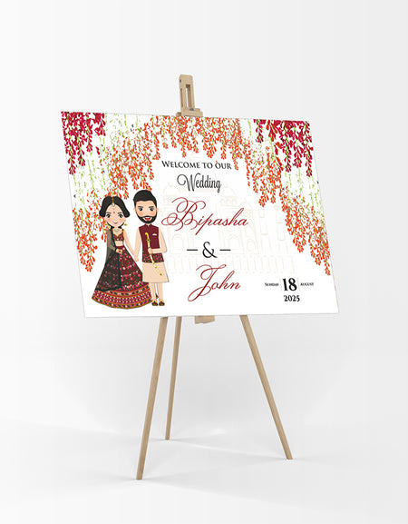 1072 – Desi Couple Caricature Floral A1 Mounted Welcome Poster