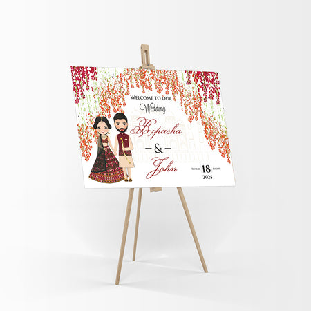 1072 – Desi Couple Caricature Floral A1 Mounted Welcome Poster