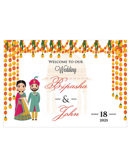 1073 – Traditional Caricature of Desi Couple A1 Size Wedding Welcome Sign